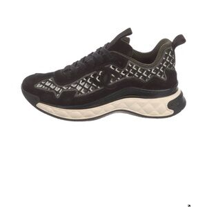 CHANEL Black and Cream Quilted Suede Logo Trainer